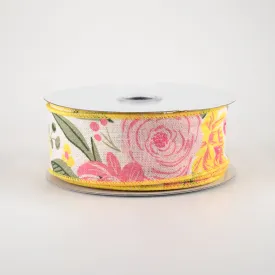 1.5" Bold Blooms Cotton Ribbon: Pink, Yellow, Sage (10 Yards)