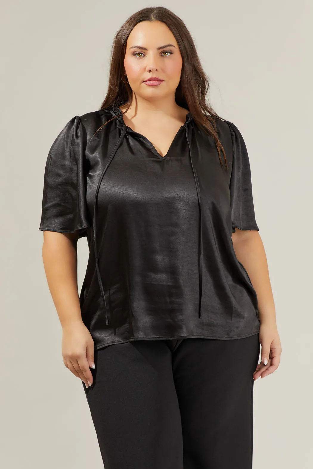 Angela Satin Tie Neck Flutter Sleeve Blouse Curve