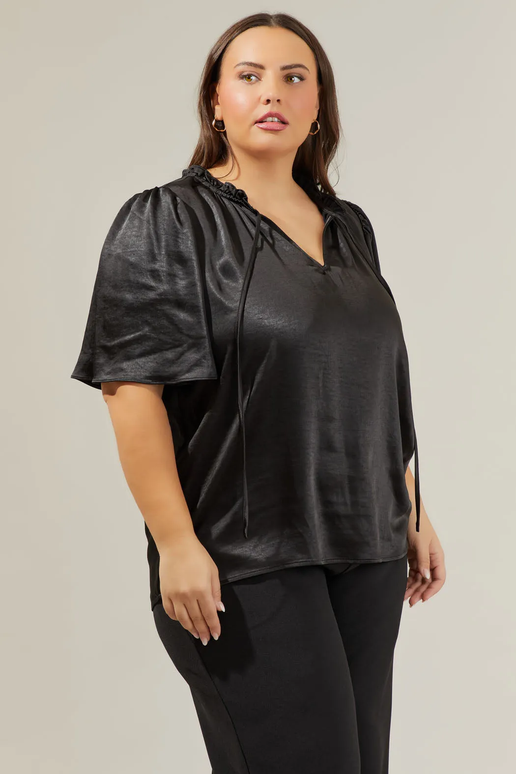 Angela Satin Tie Neck Flutter Sleeve Blouse Curve