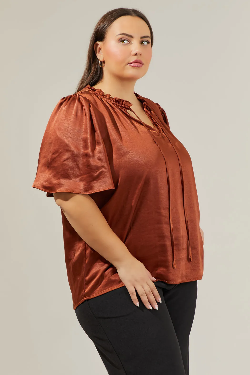 Angela Satin Tie Neck Flutter Sleeve Blouse Curve