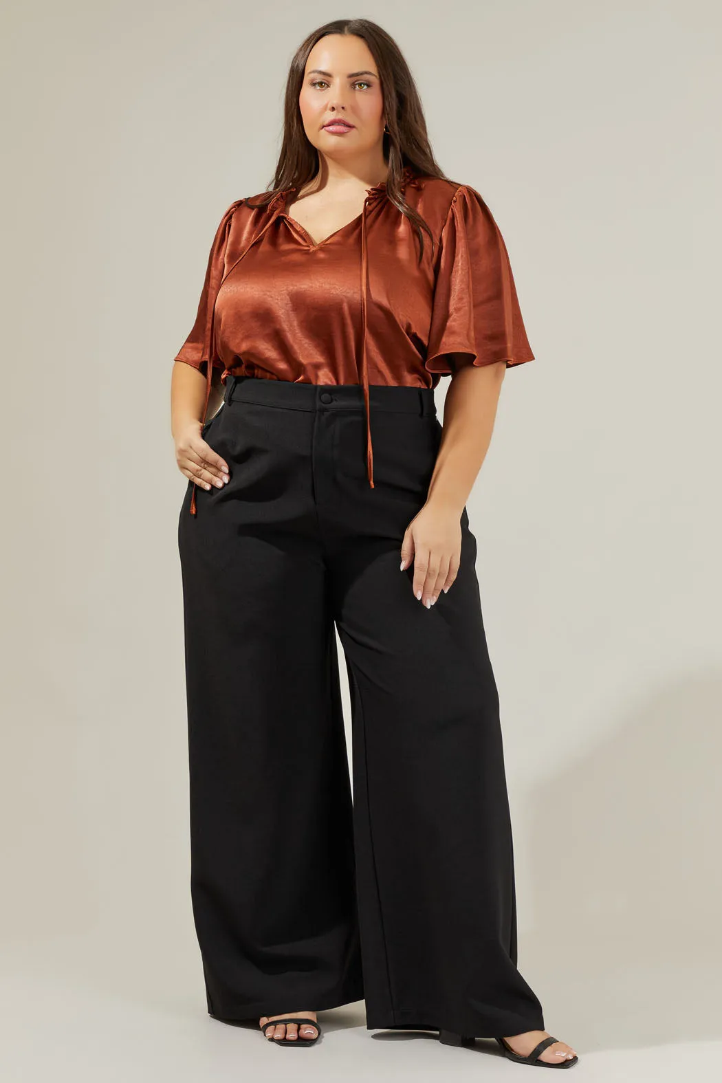 Angela Satin Tie Neck Flutter Sleeve Blouse Curve