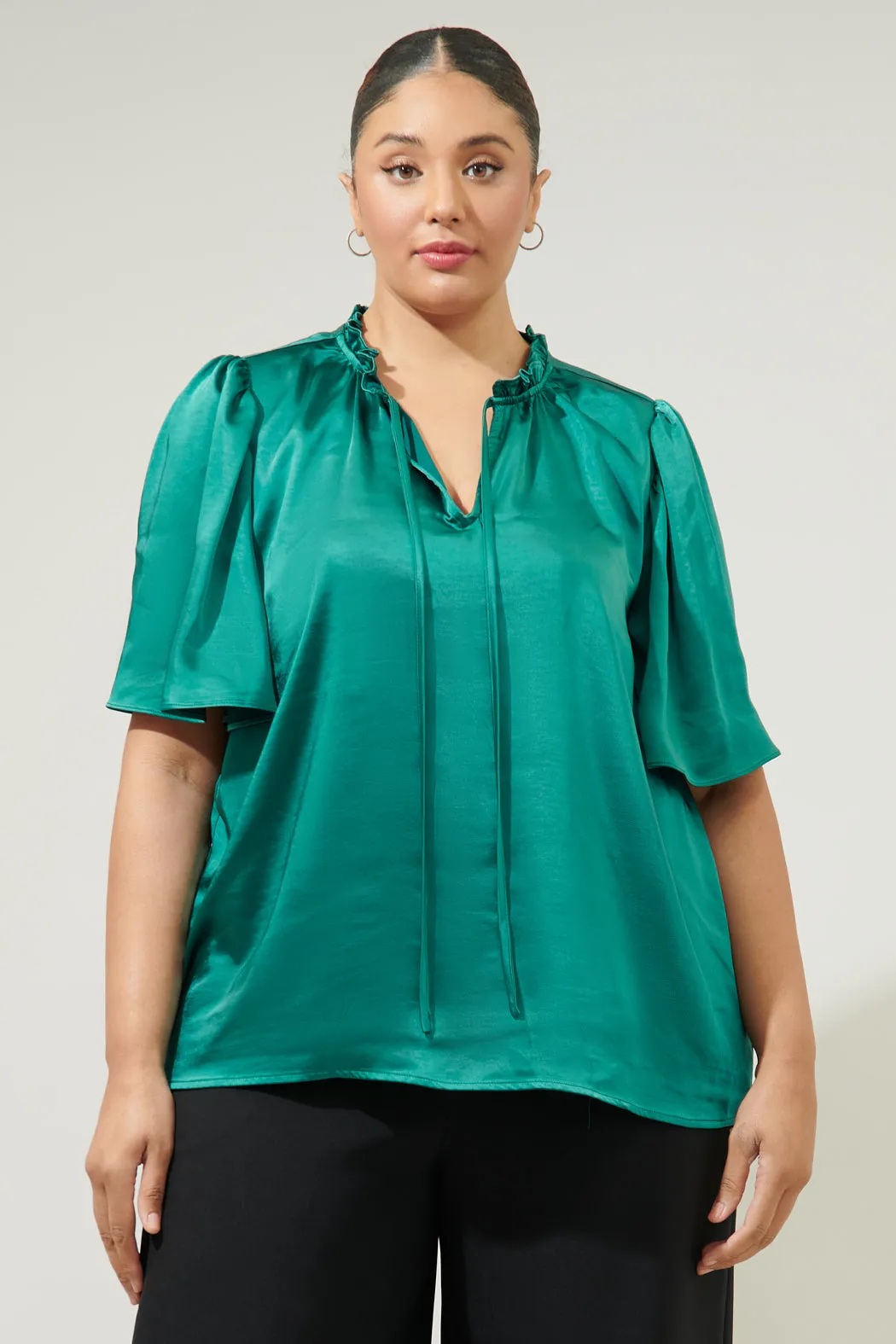 Angela Satin Tie Neck Flutter Sleeve Blouse Curve