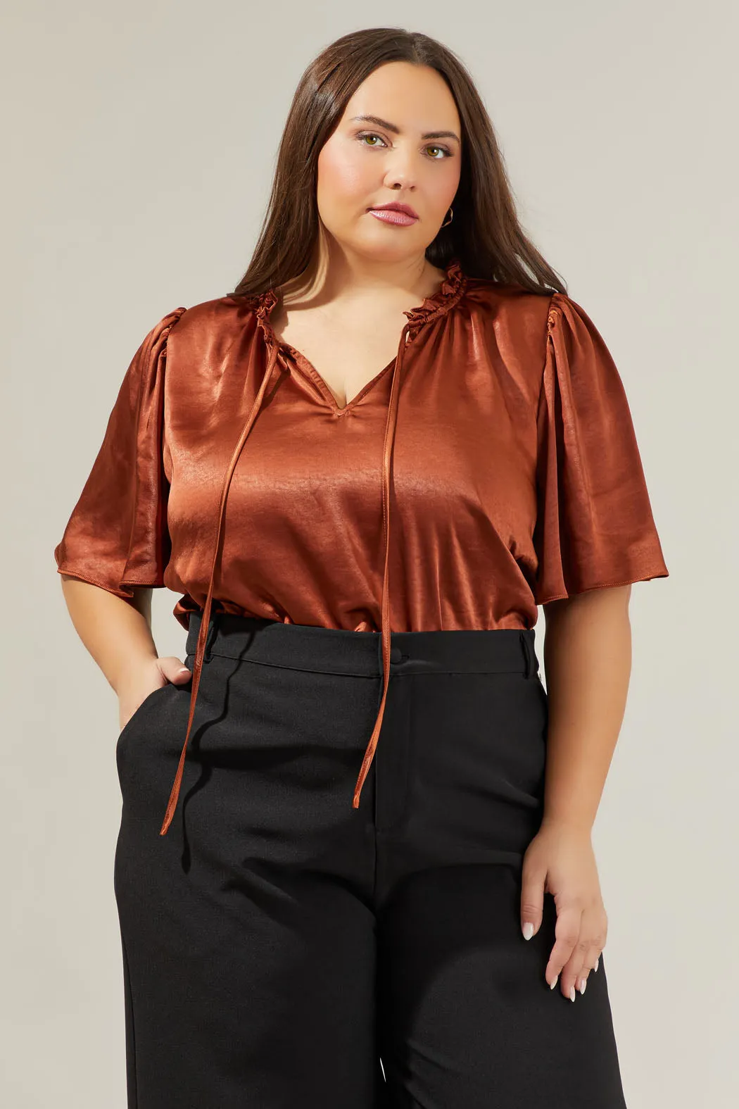 Angela Satin Tie Neck Flutter Sleeve Blouse Curve