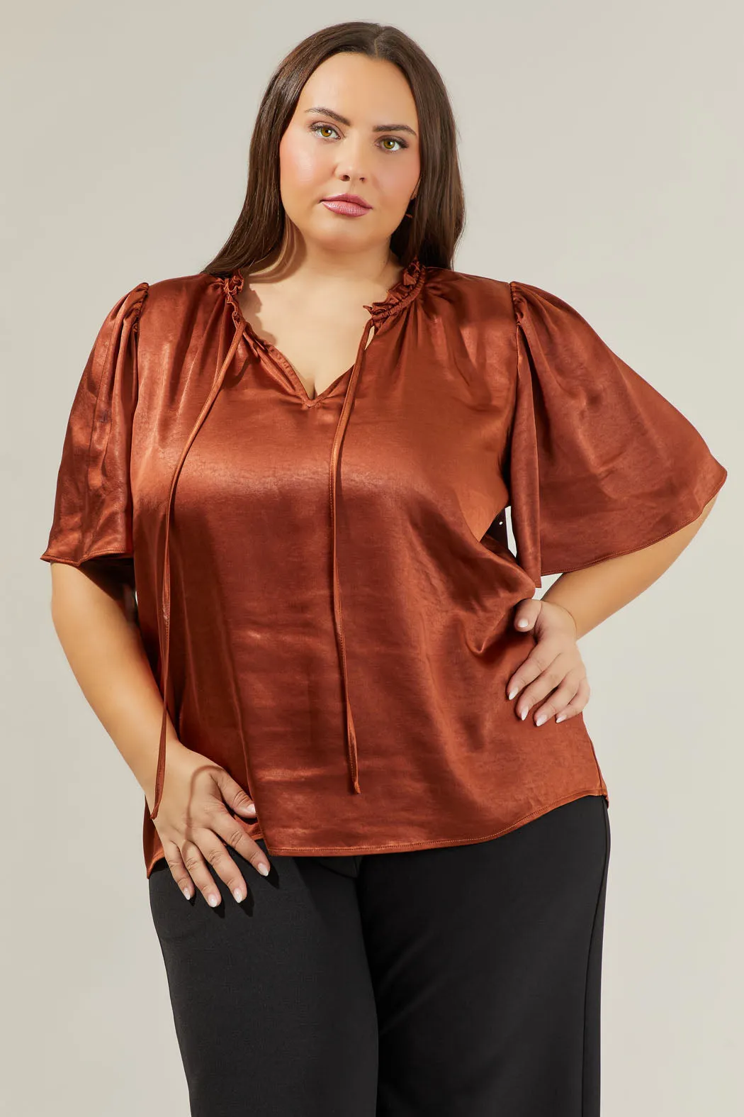 Angela Satin Tie Neck Flutter Sleeve Blouse Curve