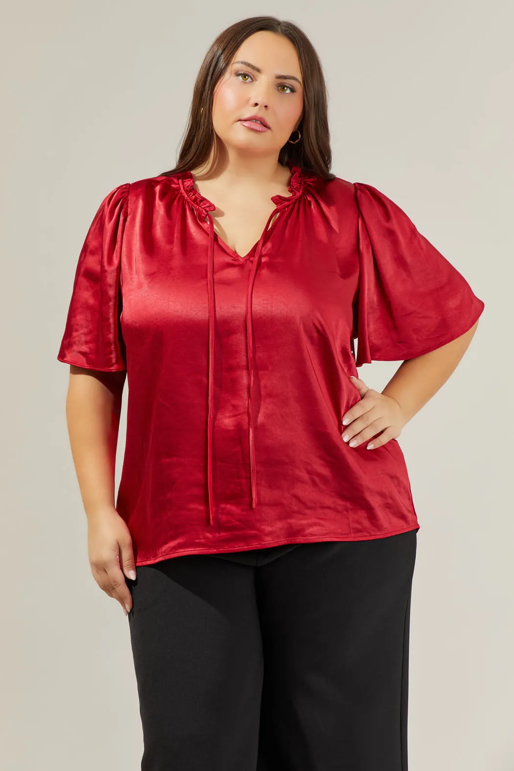 Angela Satin Tie Neck Flutter Sleeve Blouse Curve