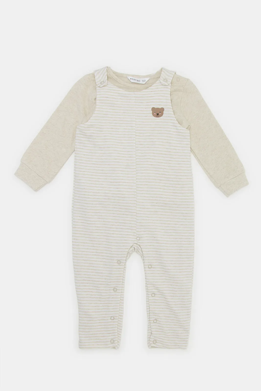 Babies Beige Print Stripe Dungaree Set (2 Piece)