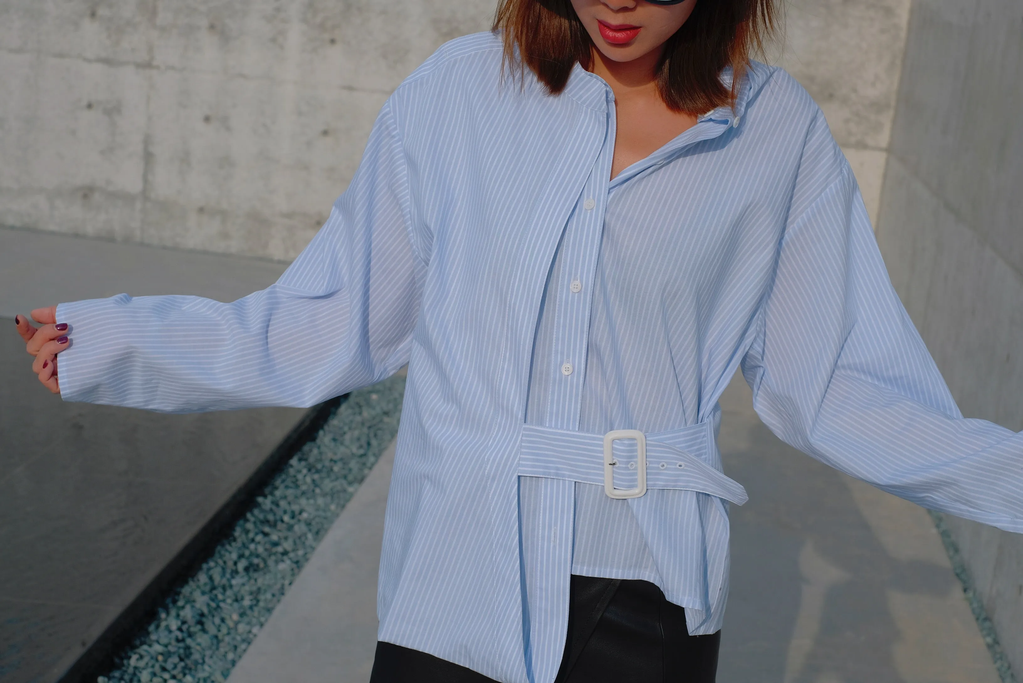 Baby Blue Pinstripe Belted Shirt