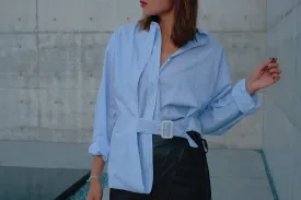 Baby Blue Pinstripe Belted Shirt