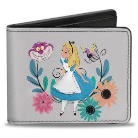 Bi-Fold Wallet - Alice Pose Cheshire Cat Face Flowers of Wonderland2   Flower Trio Gray Multi Color by Buckle-Down