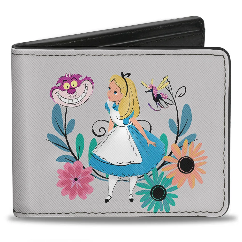 Bi-Fold Wallet - Alice Pose Cheshire Cat Face Flowers of Wonderland2   Flower Trio Gray Multi Color by Buckle-Down