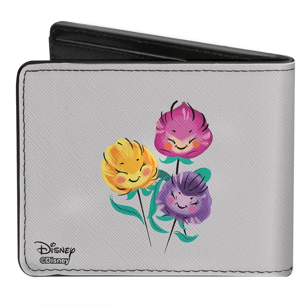 Bi-Fold Wallet - Alice Pose Cheshire Cat Face Flowers of Wonderland2   Flower Trio Gray Multi Color by Buckle-Down