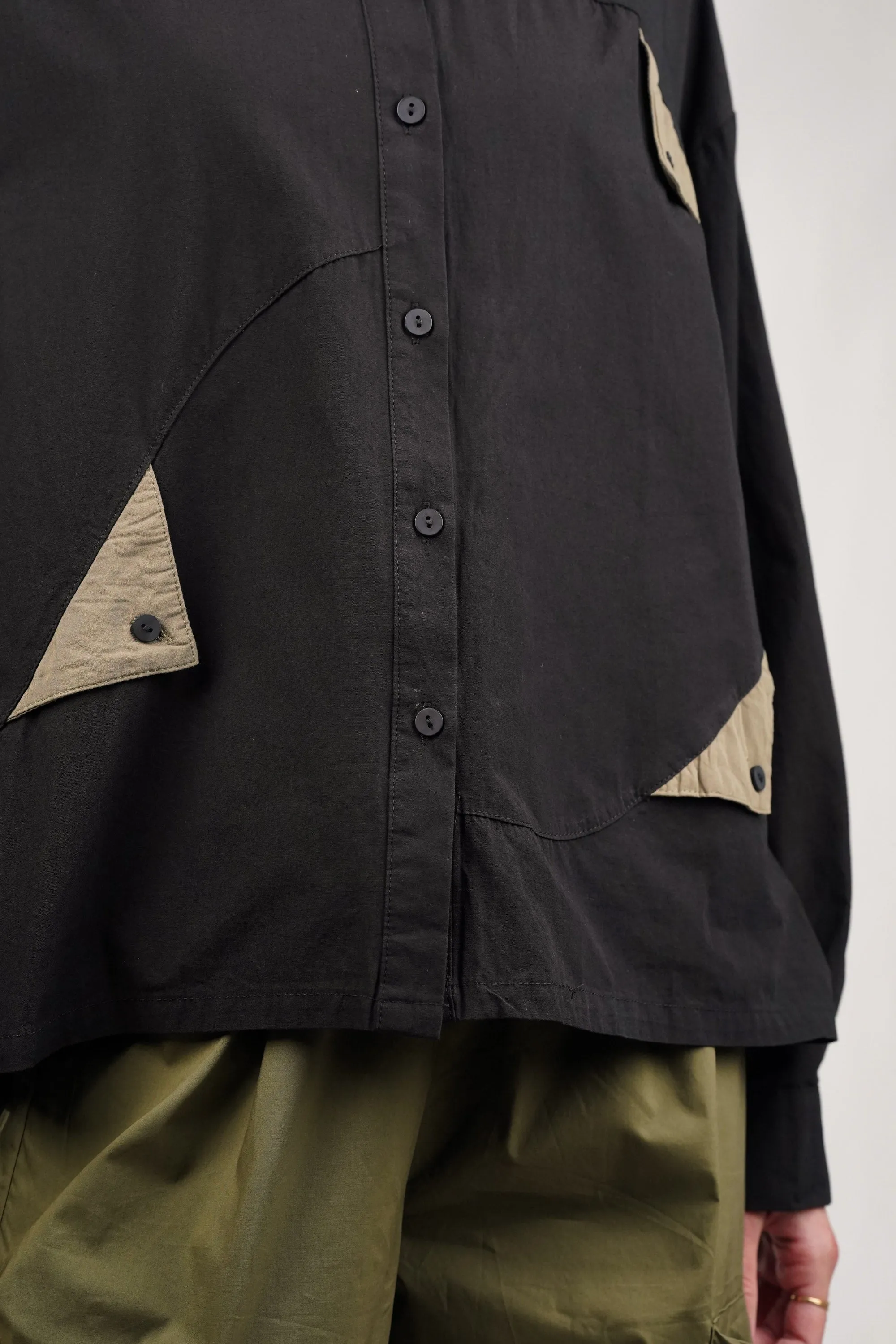 Cotton Black Shirt With Olive Flaps