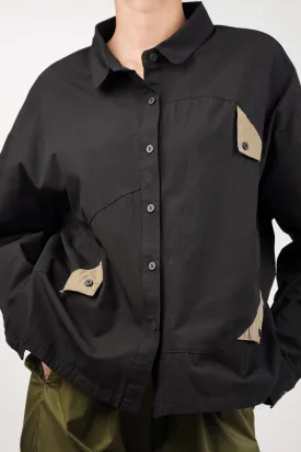 Cotton Black Shirt With Olive Flaps