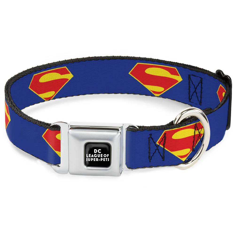 DC LEAGUE OF SUPER-PETS Logo Full Color Black/White Seatbelt Buckle Collar - DC League of Super-Pets Superman Shield Logo Blue/Red/Yellow by Buckle-Down