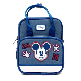 Disney Vegan Leather Cross Body Backpack for Men and Women with Adjustable Strap, Mickey Mouse Varsity Icons, Denim Blue