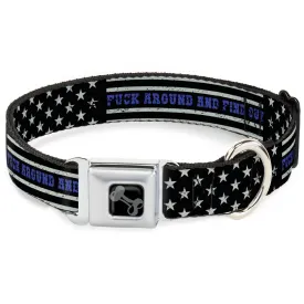 Dog Bone Black/Silver Seatbelt Buckle Collar - FAFO FUCK AROUND AND FIND OUT Thin Blue Line Flag by Buckle-Down