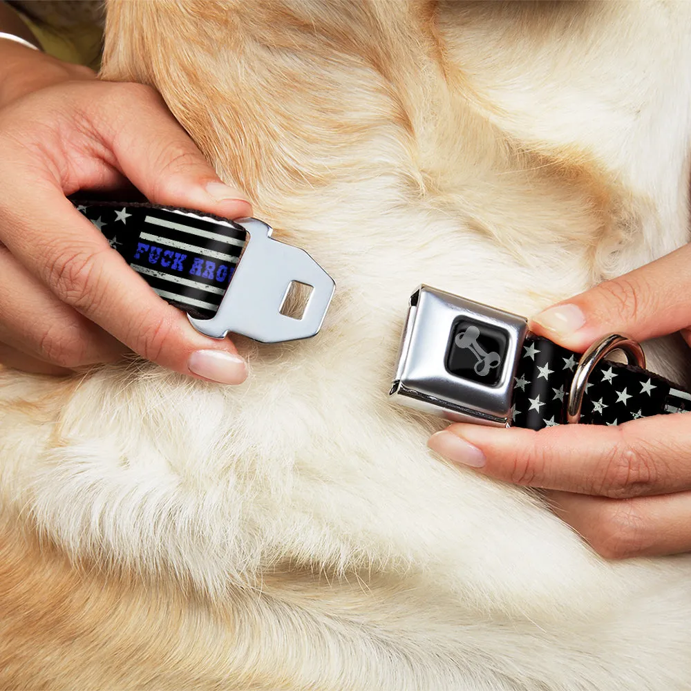 Dog Bone Black/Silver Seatbelt Buckle Collar - FAFO FUCK AROUND AND FIND OUT Thin Blue Line Flag by Buckle-Down