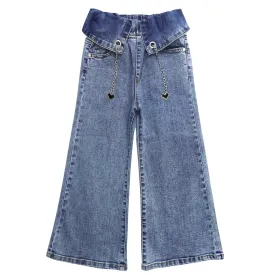 Flounced Girls Wide-leg Stretch Denim Pants, 5-14T Ribbed Elastic Waist with Chain Jeans