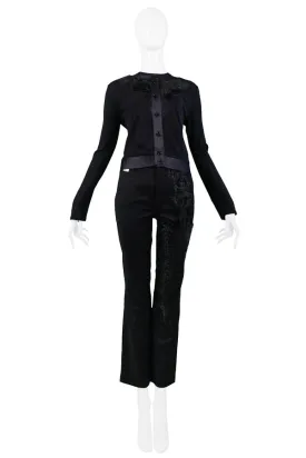 GIANFRANCO FERRE BLACK FUR TEXTURED TWIN SET WITH PANTS