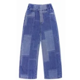 Girl Jeans,Elastic Loose Fit Patchwok Printed Denim Pants