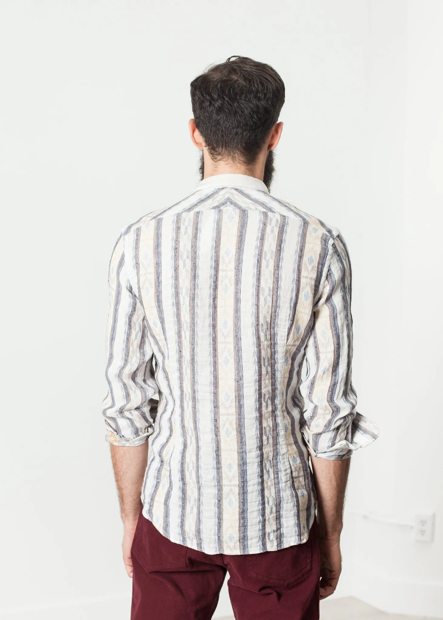 Linen Western Shirt in Beige/Blue -UEB