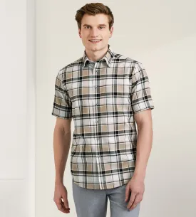 Modern Fit Short Sleeve Textured Linen-Like Plaid Sport Shirt