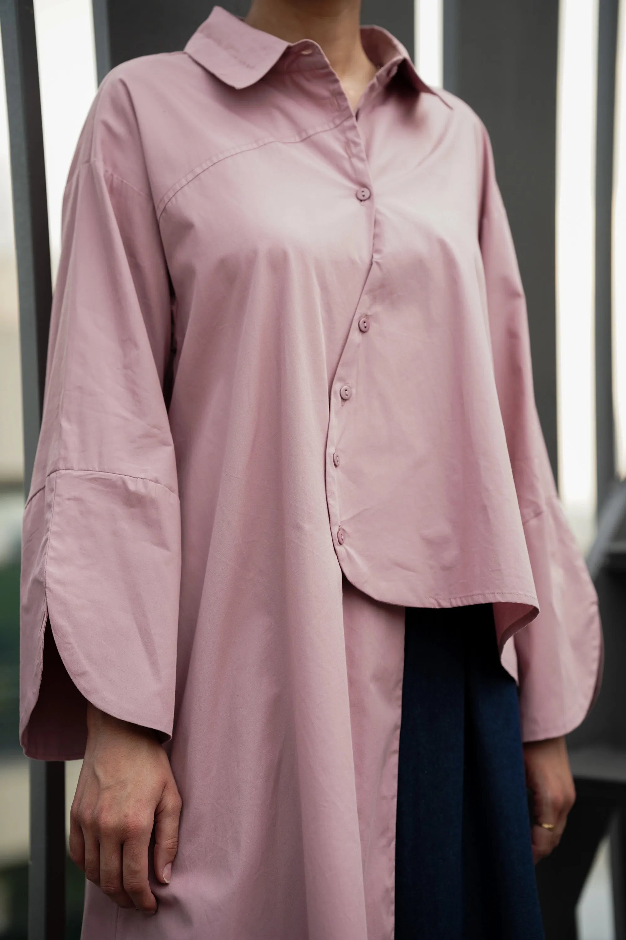 Pink Asymmetrical Full-Sleeve Oversized Shirt